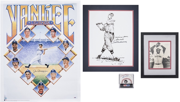 Lot of (4) Hall of Famers Signed Lot Including Joe DiMaggio & Ted Williams Lithographs, Willie Mays Baseball & Satchel Paige Photo (PSA/DNA & JSA)